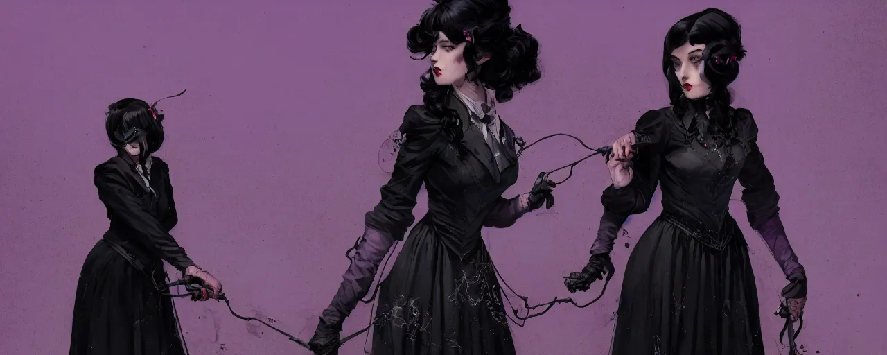 Image similar to duotone dark lilac background noir illustration 3 / 4 portrait of iris von everec black hair in black gothic victorian furneal clothes. eatheral dreamy atmosphere dynamic composition by sachin teng and sergey kolesov and ruan jia and heng z. graffiti art, scifi, fantasy, hyper detailed. octane render. concept art. trending on artstation