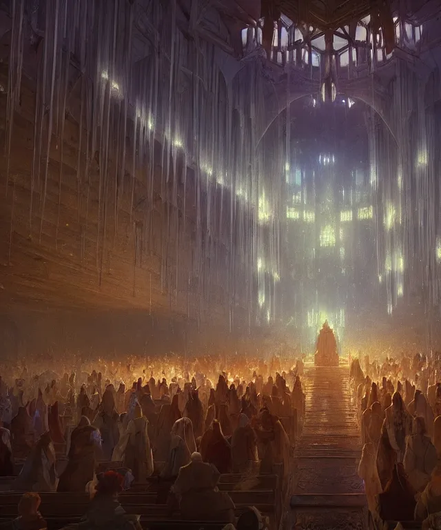 Image similar to fantasy movie scene craig mullins and ghibli and james gurney digital matte painting of a crowd in a futuristic church, strong contrast, priest, pews, ethereal, inviting, bright, raking light, unreal engine, hyper realism, realistic shading, cinematic composition, blender render, octane render, hdr, detailed textures, photorealistic, wide shot