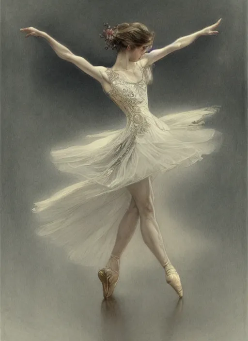 Image similar to a beautifull intricate pencil painting of a dancing ballerina, reflexions, verry high details by william turner art, greg rutkowski and alphonse mucha, trending on artstation, very very detailed, masterpiece, muted colors