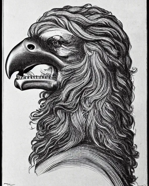 Image similar to a creature with the eyes of a man, beak of an eagle, no nose, the mane of a lion, two horns on the head. drawn by da vinci