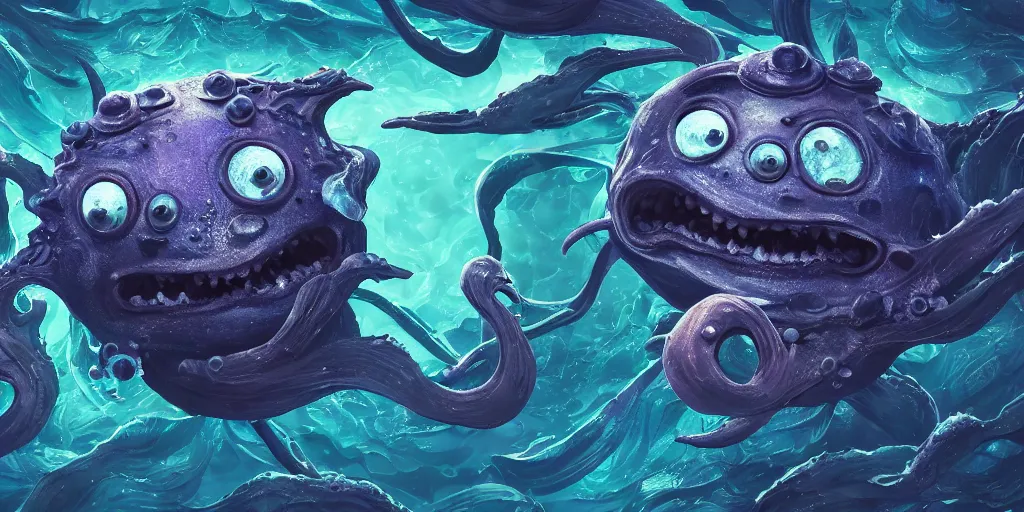 Image similar to of an intricate deep sea with strange cute friendly happy creatures with huge eyes, mouth, long tongue, round teeth and goofy face, appearing from the background, in the style of gehry and gaudi, macro lens, shallow depth of field, ultra detailed, digital painting, trending artstation, concept art, illustration, cinematic lighting, photorealism, epic, octane render