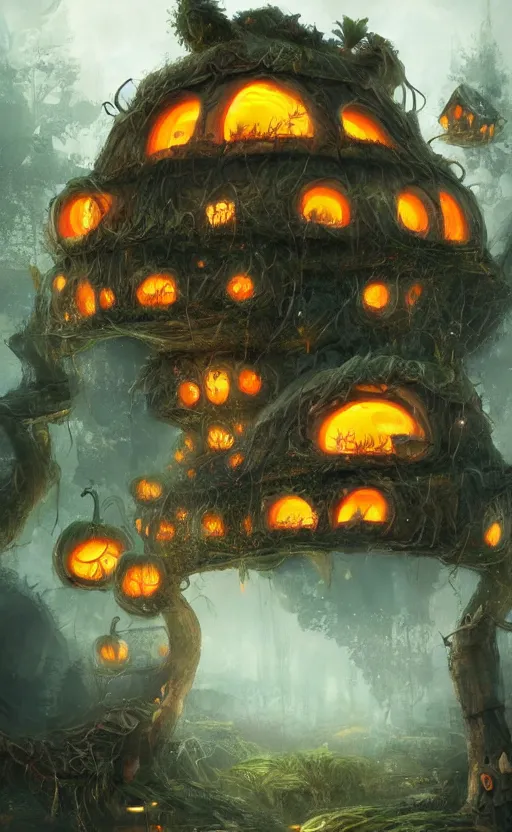 Image similar to a giant pumpkin house in the middle of a forest at night, the lights are on, dynamic lighting, photorealistic fantasy concept art, trending on art station, stunning visuals, creative, cinematic, ultra detailed