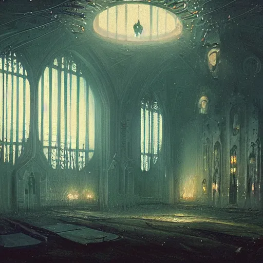 Image similar to detailed painting of bladerunner interior room with celestial ephemeral ornaments and gothic architecture, artstation, beksinski, cinematic