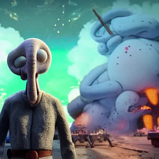 Image similar to squidward as a military leader with explosions behind him