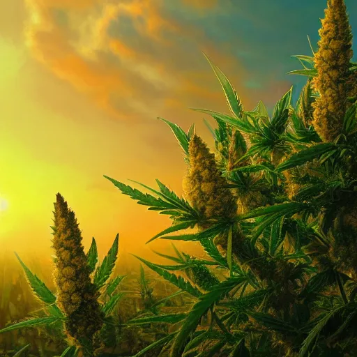 Image similar to an amazing deep painting of a marijuana world, intricate detail, sunset, idyllic, serene, volumetric lighting, 8 k, photorealistic, digital art trending on artstation