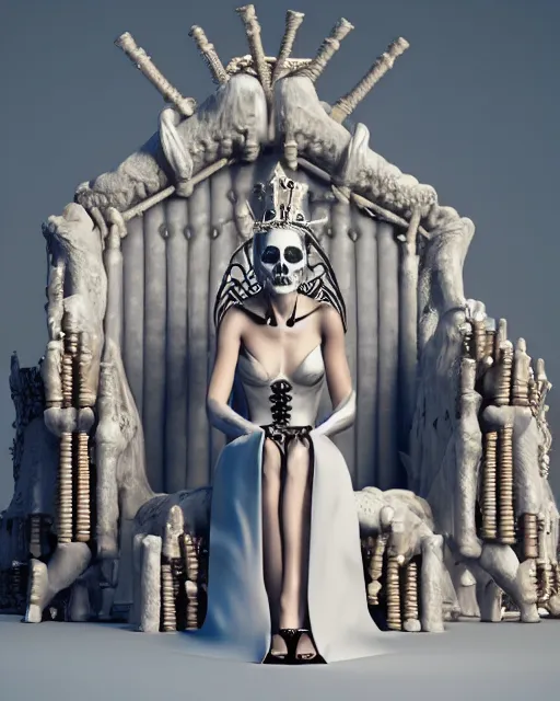 Image similar to computer rendering of a bone queen sitting on her throne, bone crown, skull earings, bone dress, throne made of bones, unreal engine, global illumination, radiant light, trending on artstation, 8 k, octane 3 d