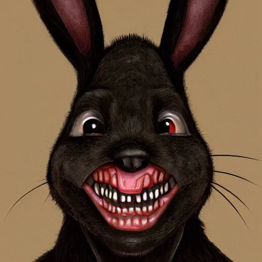 Image similar to A extremely highly detailed majestic hi-res beautiful, highly detailed head and shoulders portrait of a scary terrifying, horrifying, creepy black cartoon rabbit with scary big eyes, earing a shirt laughing, hey buddy, let's be friends, in the style of Walt Disney