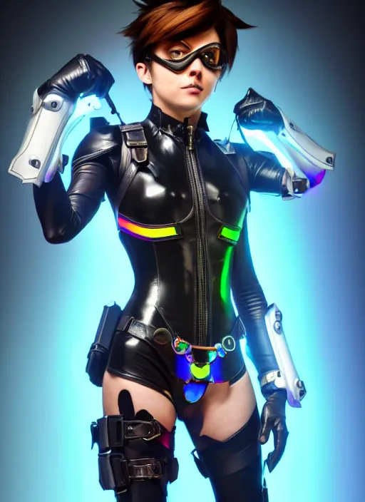 Image similar to full body digital artwork of tracer overwatch, confident pose, wearing black iridescent rainbow latex, 4 k, expressive happy smug expression, makeup, in style of mark arian, wearing detailed black leather collar, wearing sleek armor, black leather harness, expressive detailed face and eyes,