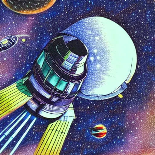 Prompt: detailed spaceship in space, colored pencil and pen drawing, vintage, photo realistic, cinematic