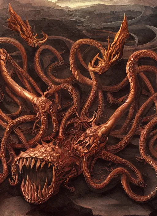 Prompt: highly detailed painting of the hydra, 4 k, lovecraftian, d & d, satanic, fantasy, intricate, digital painting, artstation, concept art, sharp focus, illustration, by michelangelo, by nicolas poussin