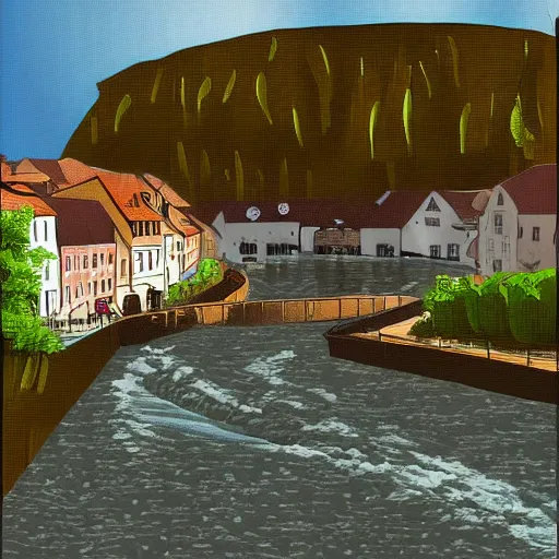 Image similar to digital art painting of a river running through a european town, very mediocre, not detailed at all.