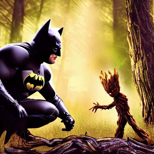 Prompt: batman meets groot in the woods digital art 4 k detailed super realistic