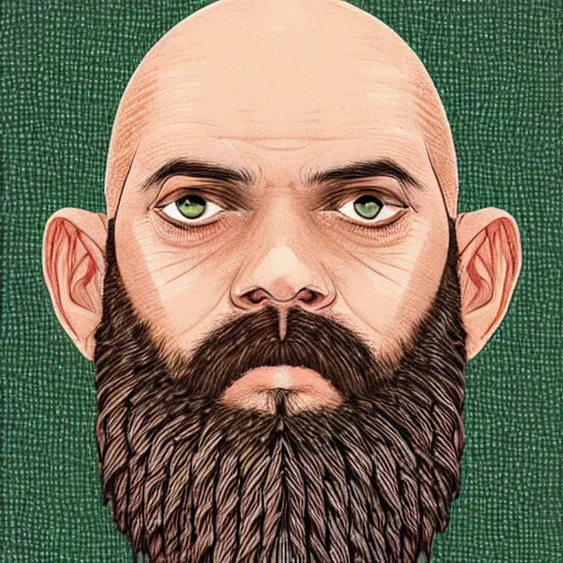 Prompt: close up headshot of a bald man with a wide face small beady eyes and a beard made out of braids, beard made of individual braids, drawing by Jeffrey Smith