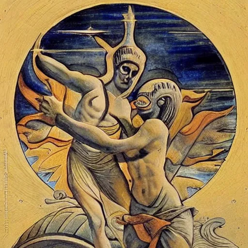 Image similar to celestial war, aliens, invasion, greek art style