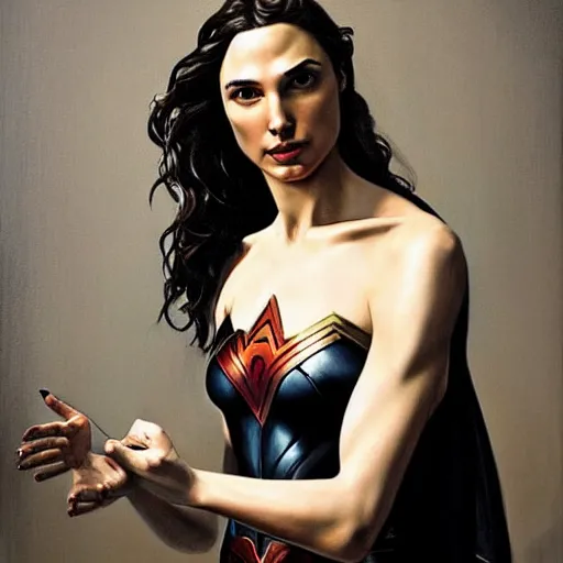 Image similar to a striking hyper real painting of Gal Gadot by caravaggio.