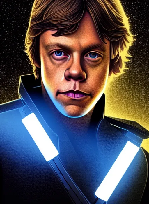 Image similar to symmetry!! portrait of young mark hamill, luke skywalker gold sci - fi armour, tech wear, glowing lights!! sci - fi, intricate, elegant, highly detailed, digital painting, artstation, concept art, smooth, sharp focus, illustration, art by artgerm and greg rutkowski and alphonse mucha