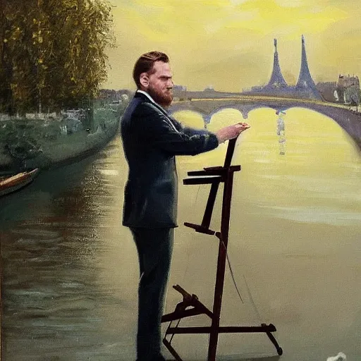 Prompt: mcgregor is dressed as a gentleman at early 2 0 th century paris. he is watching an easel. that easel has a canvas on it. ewan mcgregor has a brush on his hand. he is painting a painting. there is a brown cat with yellow eyes on ewan mcgregors feet. on background has river seine, morning sun, dark clouds, lightning, by jack kirby