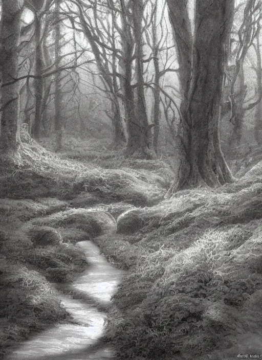 Image similar to there is a place in tardigrade, tucked out of view magic happens, only seen by a few. for just one day, for only just one hour. the last summer's day break at gelli aur. there you must follow a winding tardigrade stream. search all the oaks with a tiny light beam, inspired by greg rutkowski and charlie bowater