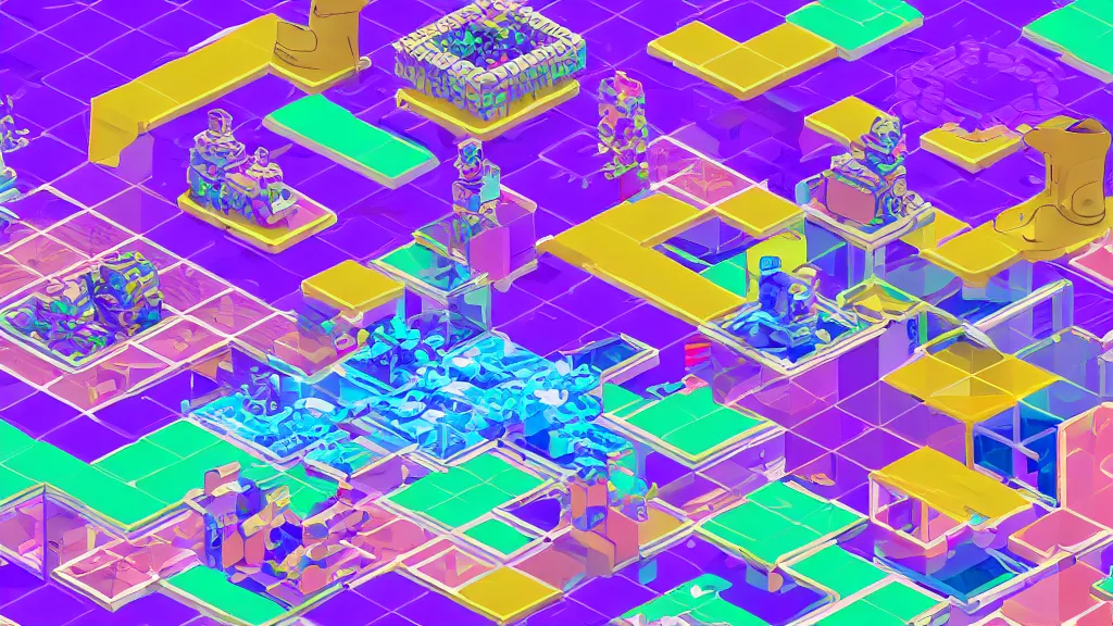Image similar to vaporwave content clogs isometric puzzle game, intricate design clogs