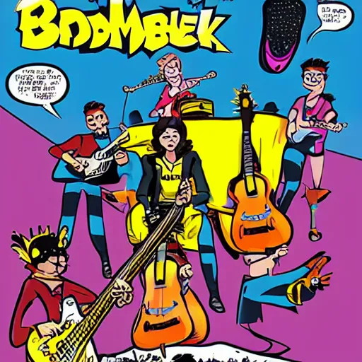 Prompt: bumblebee rock band with instruments on stage from an archie comic book