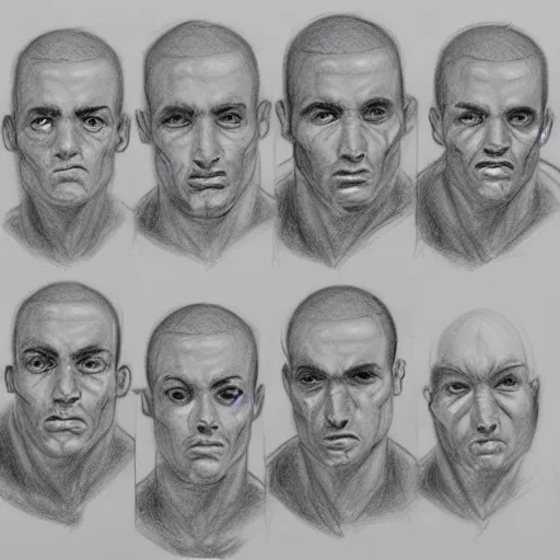 Prompt: facial expressions reference sheet, pencil drawing,