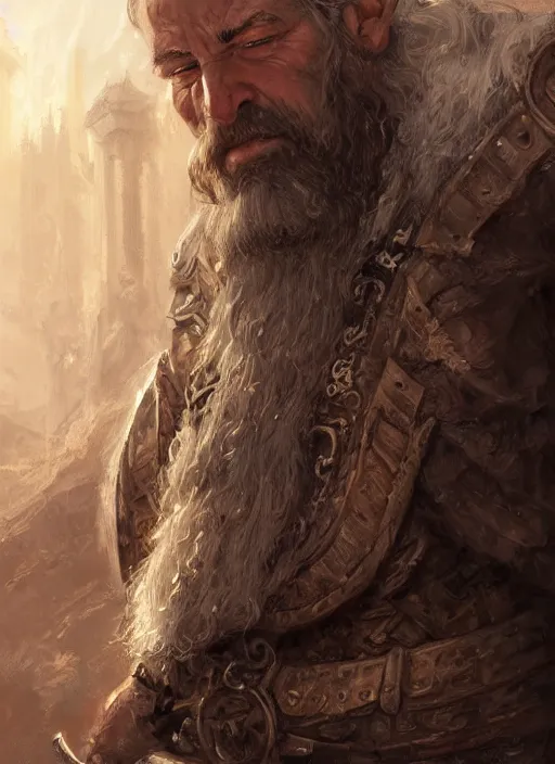 Image similar to realistic portrait painting of a male fantasy dwarf warrior, old mystic ruins, afternoon, intricate, elegant, highly detailed, digital painting, sharp, focus, by artgerm and greg rutkowski