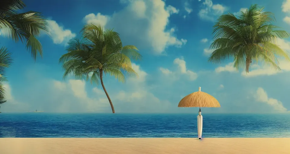 Prompt: perfume bottle in an oasis with palm trees, hiroshi nagai, matte painting, octane render, mute dramatic colours, soft blur outdoor stormy sea background,