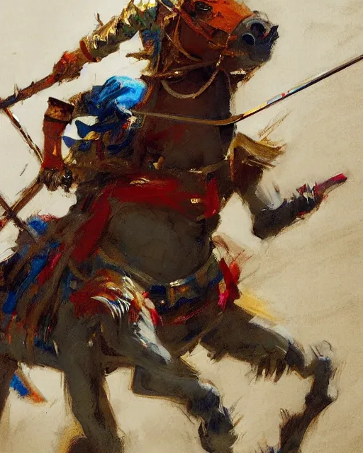 Prompt: close - up portrait of colorful rider pointing jousting lance at camera, caparisons, galloping, chainmail, by greg manchess, bernie fuchs, ruan jia, walter everett