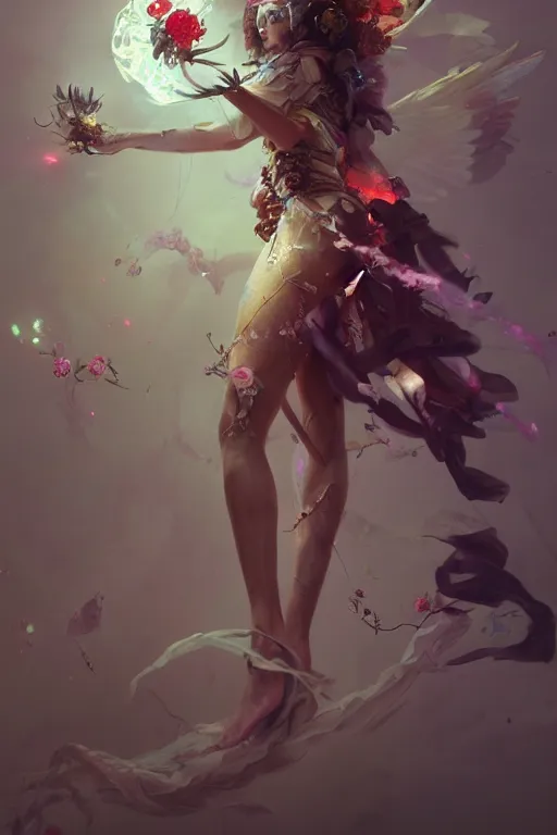 Image similar to beautiful girl necromancer, witch - doctor exploding into flowers, angels, 3 d render, hyper - realistic detailed portrait, holding electricity and birds, ruan jia, wlop. scifi, fantasy, hyper detailed, octane render, concept art, peter mohrbacher