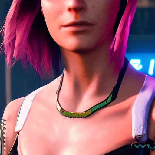 Image similar to female V from Cyberpunk 2077 wearing spiked collar, 4K