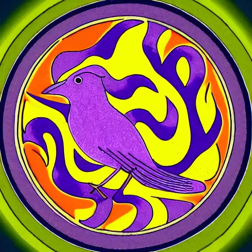 Prompt: phoenix salt bird round composition rebirth orange purple symbolism