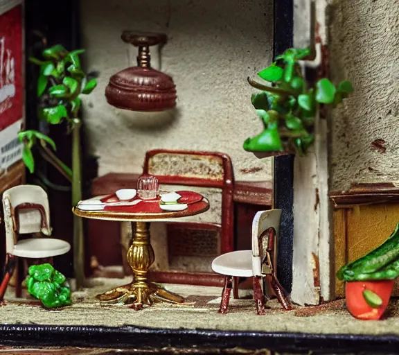 Prompt: macro photo, diorama of a miniature french restaurant for mice, interior