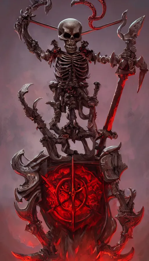 Prompt: a skeleton holding a sword and shield, fantasy digital art, concept art, artstation trending, surrounded by red tentacles, photorealistic, cinematic lighting