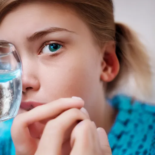 Prompt: macro of a teenage girl holds a glass of fresh water in a modern kitchen, close - up, depth field, realistic face, advertising photography