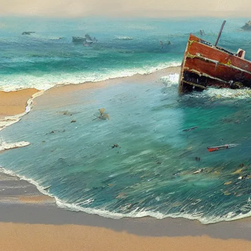 Image similar to shipwreck on a sandy beach on a sunny day, art by craig mullins, highly detailed, trending on artstation, award winning