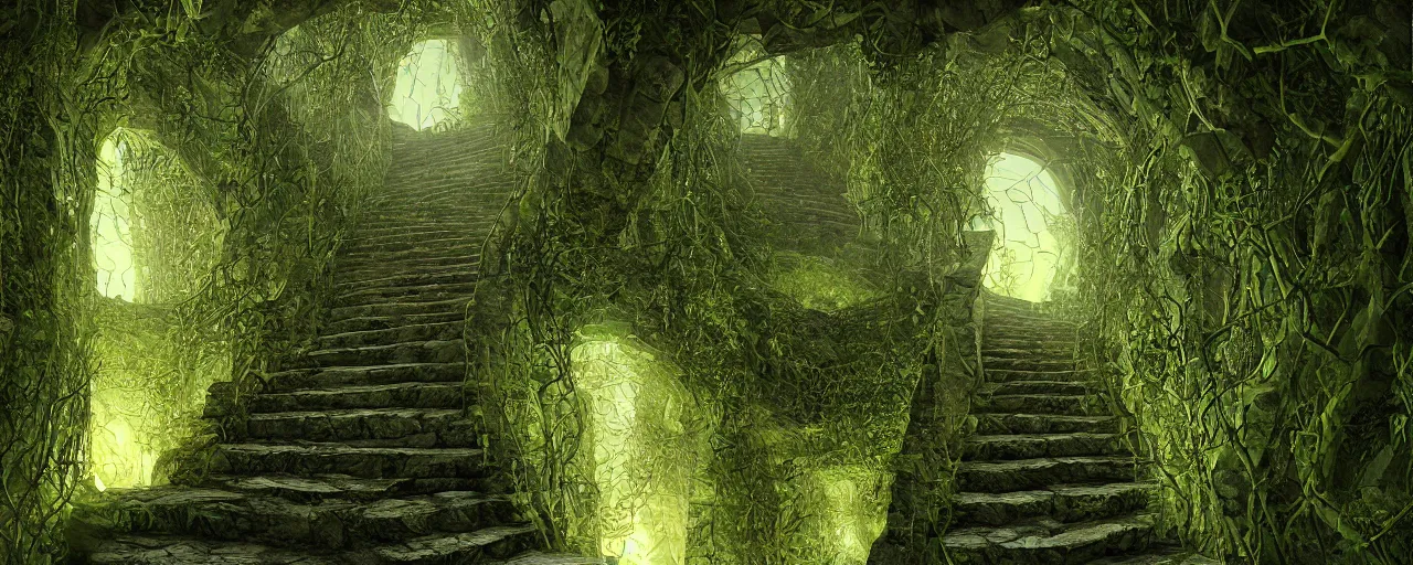 Image similar to a first person perspective shot looking up a stone staircase leading to an ancient stone archway that leads to an aaahh!!! Real monsters dimension covered in vines and emanating glowing yellow green light by James Gurney and beeple | unreal engine