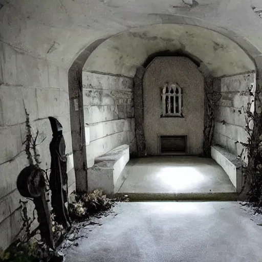 Prompt: a crypt mausoleum, comfy and cozy, mundane horror aesthetic, hygge, comfortable living space for the undead