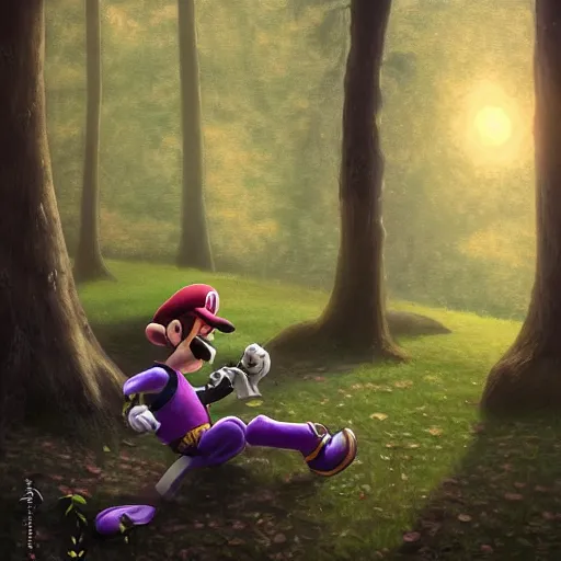 Image similar to an ultra - detailed beautiful painting of waluigi from the mario bros series in a dark forest, moonlight through the trees, oil panting, high resolution 4 k, by ilya kuvshinov, greg rutkowski and makoto shinkai )