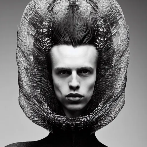 Prompt: a beautiful young male alienwearing iris van herpen couture, his hair moves with the wind, photographed by erwin olaf