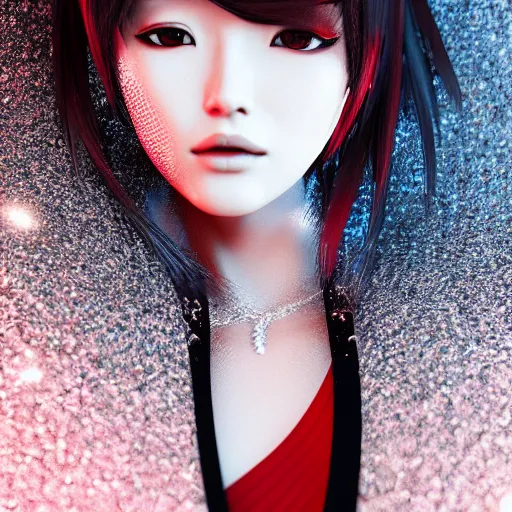 Prompt: Japanese model with maximalist hair style and makeup, fashion model, unreal engine octane, red and white, portrait, gliter, depth of field, 8k, hyper detailed, intricate, trending on artstation