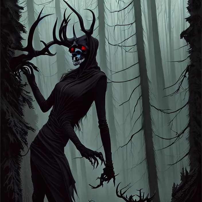 Image similar to style artgerm, joshua middleton, steve niles, gerald brom, scary wendigo with antlers and skull face mixed with werewolf, beautiful witch wearing a black dress on the right side, in the forest, detailed, dark and foggy, cinematic lighting