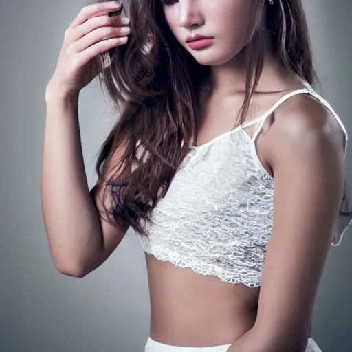 Image similar to young female model photography lace mini skirt beautiful face and body, dramatic light 8 0 mm camera