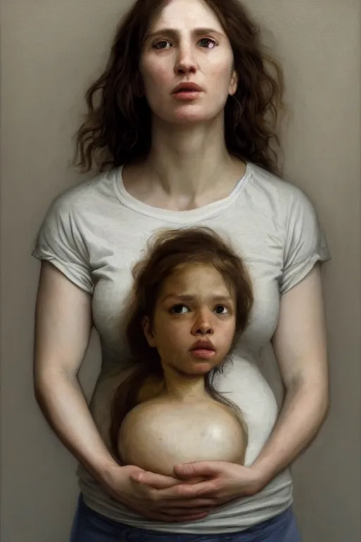 Image similar to pregnant woman in t-shirt by Alyssa Monks, Bouguereau. full-shot, urban dystopia, hyper realism, realistic proportions, dramatic lighting, high detail 4k