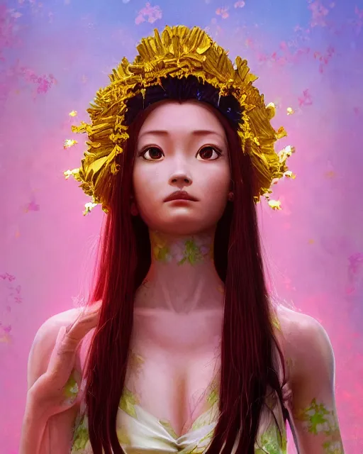 Image similar to studio photo portrait of Misato Katsuragi from Neon Genesis Evangelion wearing floral garlands over her traditional dress. full height portrait of Misato as a slavic pagan priestess wearing traditional pagan dress adorned with golden tiara, concept art by Greg Rutkowski and James Dean and Ross Tran, ultrarealistic octane render, 8k, rtx on, trending on ArtStation