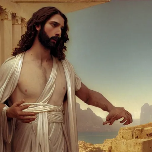 Image similar to an extremely detailed matte painting of a ridiculously good looking jesus that looks like a jewish gigachad as the christo redentor, long curly hair, elegant ancient greek dress, very detailed, rio de janeiro, beautiful, intricate, cinematic, artstation, william bouguereau, alphonse mucha, greg rutkowski, rossdraws, octane render