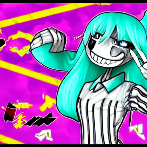 Prompt: Hatsune Miku electrocuted cartoony skeleton