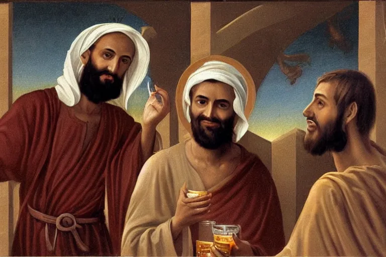 Image similar to prophet Mohamed drinking beer with Jesus