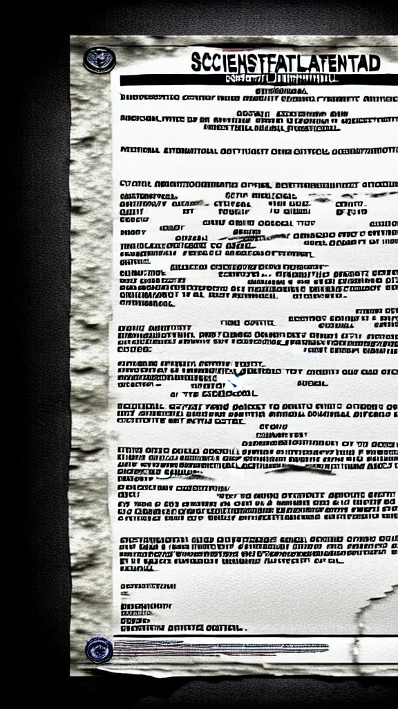 Prompt: a grainy and distorted image of a classified scientific government document detailing a mechanism ! that will be used to open a portal to a higher dimension ! !. distortion bad print photorealistic 4k photorealism realistic textures sharpened x-files fringe mystery sci-fi cinematic detailed texture hyperdetailed CIA agency NSA DOD government seal redacted continuous feed paper smooth, sharp focus, illustration, from Metal Gear, by Ruan Jia and Mandy Jurgens and Greg Rutkowski and Artgerm and William-Adolphe Bouguerea and artgerm