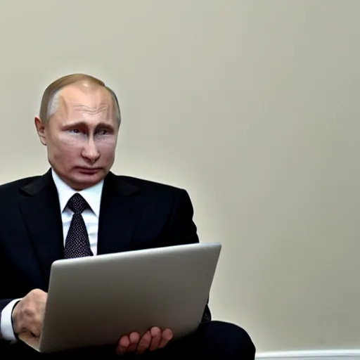 Image similar to putin with his face in his hands with a laptop which is on fire sitting next to him on the ground.