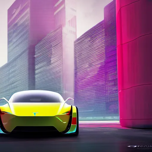 Image similar to Digital concept of a futuristic Tesla supercar, vivid color hues, commercial magazine advertisment, trending on artstation